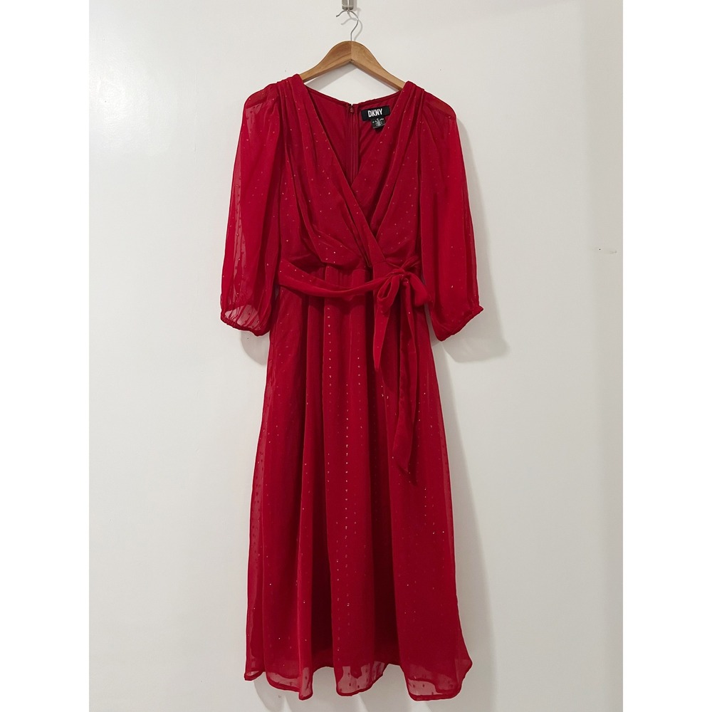DKNY Womens Red V Neck Long Sleeve Wrap Dress With Silver Dot Accents Size 8